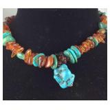 Amber beaded and turquoise necklace 16in