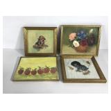Four small framed paintings, dog, cat and two