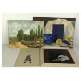 Paintings, three on board and one landscape on