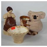 Ceramic group, includes Koala planter, basket
