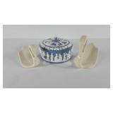 Hobbyist ceramic covered bowl and two swan towel