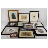 Dozen framed pictures, dog related, sizes range