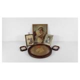 Early framed pictures and photos, plus a dog