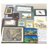 Wall art group, framed tiles, prints, wall