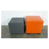Two ottomans, orange vinyl and grey upholstery,