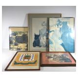 Wall art, five framed pictures,  including signed