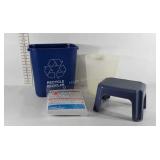 Recycling can, trash can, stepping stool, and
