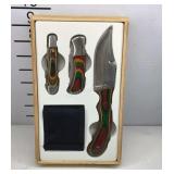 Three piece knife set with wooden box