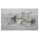 Six pitchers, ceramic and glasses, sizes range