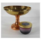 Copper and brass pedestal bowl and Aurora white