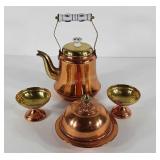 Copper kitchenwares,  teapot, covered dish and