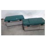 Two Rubbermaid totes with hinged lids, one with
