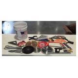Five gallon bucket with tools, circular saw