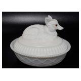 Westmoreland milk glass fox on nest covered dish,