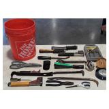 Five gallon bucket and tools, crowbars, hammer