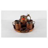 Copper and brass tray with pretzel handles, six