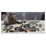 Canvas tote bag with tools, drywall lifters, knee