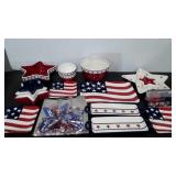 Patriotic ceramic serving dishes, plus tote with