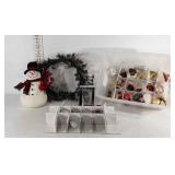 Christmas decor, plush snowman, frosted wreath