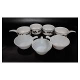 Handled soup bowls, three Anchor Hocking milk