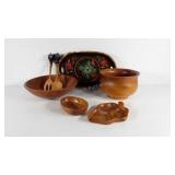 Wooden wares, salad bowls, platter, dog handled