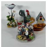 Home decor, includes birdhouse, rooster figurine,