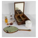 Vanity box, milk glass powder jar, handled mirror