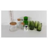 Glassware, green beer mugs, canisters with cork
