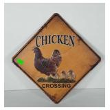 Chicken Crossing metal sign with tags, 13x13