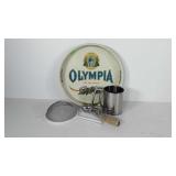 Kitchenwares, includes round metal tray, flower