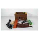 Wooden crate with bank bag, pricemaker