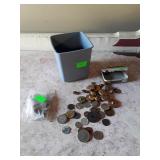 Coins and Buttons, Some Wheat Pennies and Foreign