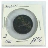 1856 Sweden 2 Ore copper coin