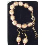 Pink Murano style bracelet 7-8in and earrings
