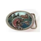Belt buckle with fish and mountain scene, C+J