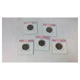 Five buffalo nickels, dates are very worn 1923,