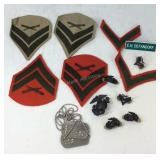 Military patches and pin and a dog tag