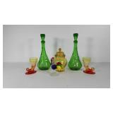 Colored glass, two genie bottles, made in Italy,