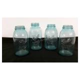 Four wide mouth Ball jars, blue, 9" tall