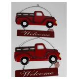 Two metal red truck Welcome signs, new with tags