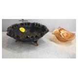 Two pieces of carnival glass.  The rose pattern