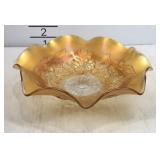 Carnival glass marigold blossoms and palm 8 inch