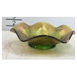 Green Carnival glass bowl 7 inch flowers and vine