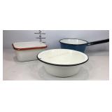 Three pieces of enamelware sauce pan, bowl,