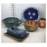 5 Big Dog Pot Pottery pieces. Cheese dish, mixing