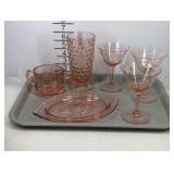 Pink Depression Glass: stemware, sugar bowl,