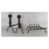 Pair of andirons and fireplace log grate, one
