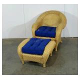 Bohemian-style wicker arm chair and ottoman,