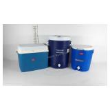 Coolers, Rubbermaid and Coleman, two with water
