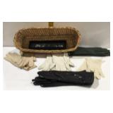 Five pairs of ladies gloves plus basket and